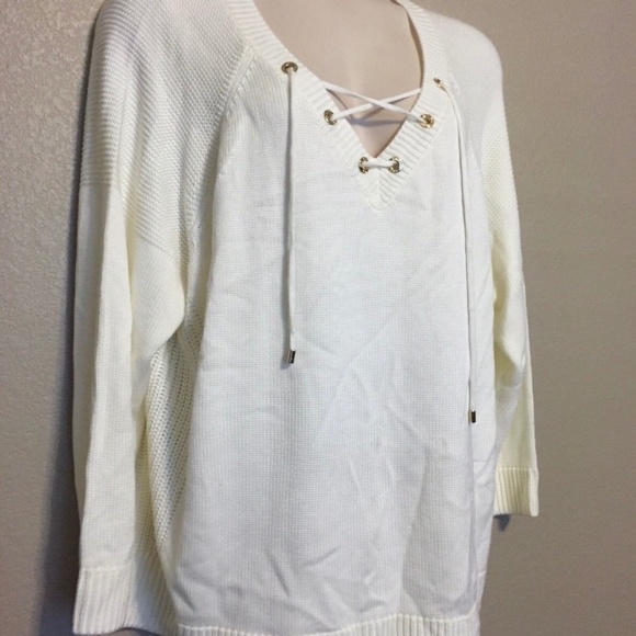 NWT Calvin Klein Women's White Laced-Up Grommet Mix Sweater Plus Size 1X - Picture 5 of 13